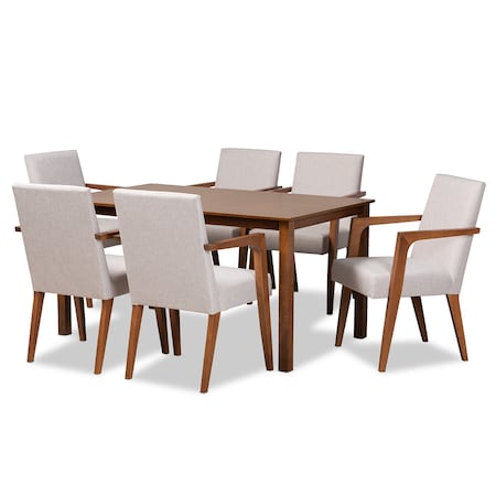 Baxton Studio Glenda Mid-Century Modern Greyish Beige Fabric and Walnut Brown Finished Wood 7-Piece Dining Set 187-7364-10520-Zoro